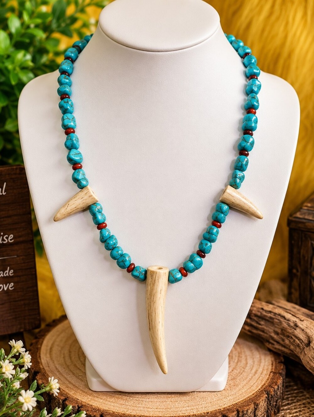 Bone & Turquoise Beaded Necklace – Statement Jewelry – $85